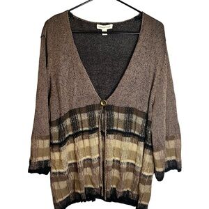Coldwater Creek Knit One-Button Black Tan Cardigan Earthy Boho Artsy XL 18